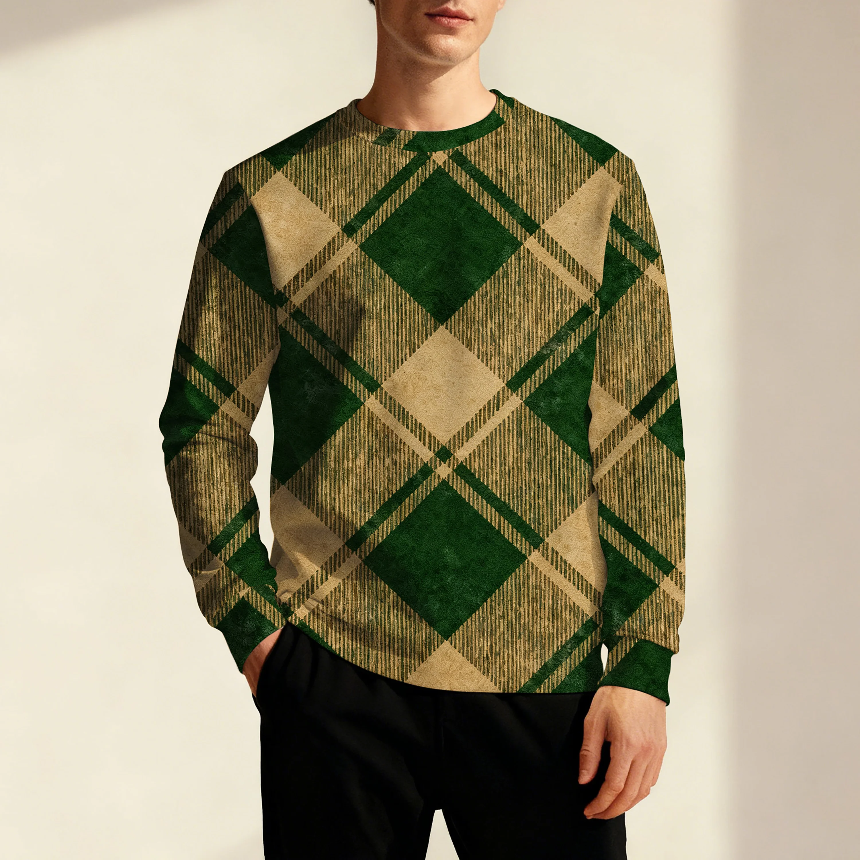 

Осенне-зимний мужской новый стильный свитер с длинными рукавами и круглым вырезом в клетку, простой и повседневный топ