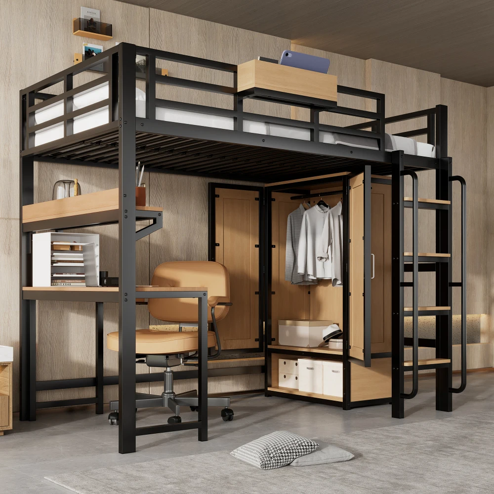 PINGGO Schwarz & Naturfarbenes Eisen-Etagenbett 90x200cm mit Kleiderschrank, Treppe, Schreibtisch, Staufächern, Metall, MDF, ohne Matratze