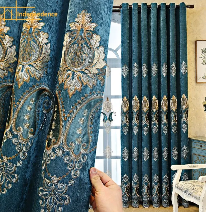 

New Blue Thickened Embroidery Chenille Shading Curtains for Living Room Bedroom Partition Curtain Villa Customized Finished