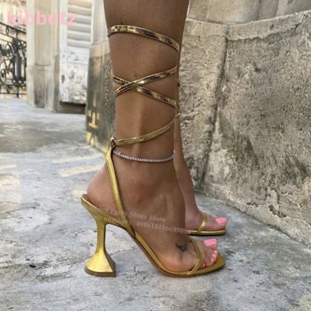 Lace-Up Strappy Sandals Leather Square Toe Wine Heel Solid Gold Snakeskin Suede Super High Sexy Fashion Women Shoes 2023 Newest