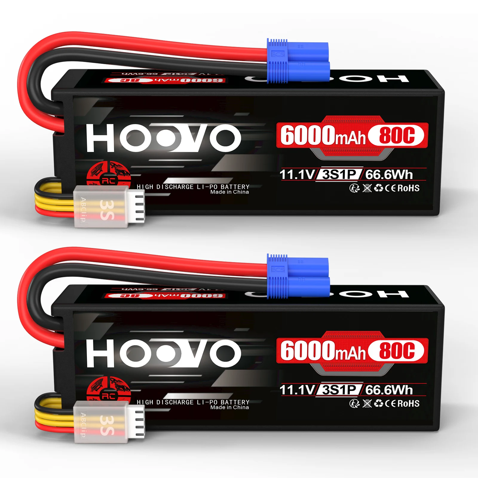 HOOVO 2Pcs RC Battery 3S Lipo Battery 11.1V 6000mAh 80C Hard Case Battery with EC5 Plug for RC 1/8 1/10 Scale Vehicles Car Boats