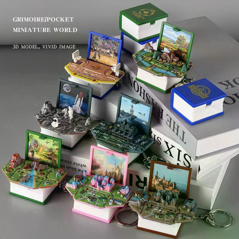 1PC Fold Book Keychain 3D Dinosaur Castle Popup Keyring Anxiety Stress Relief Children Kids Toy Christmas Gift view 2