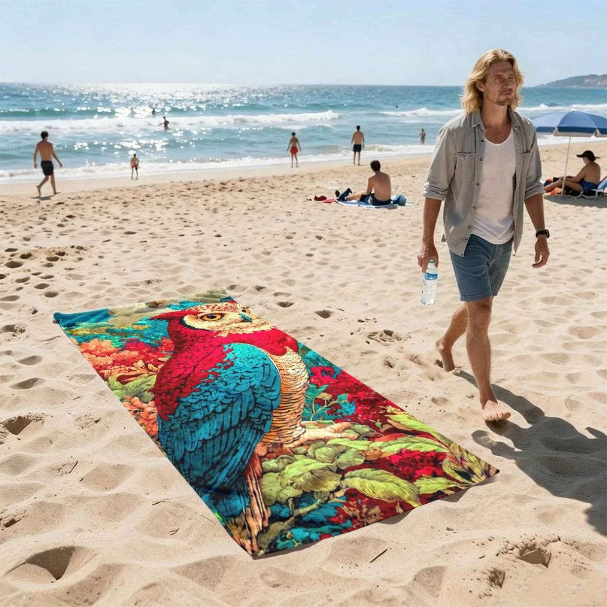 A vividly colored fantasy-themed owl polyester microfiber beach towel is highly absorbent, suitable swimming and beach outings