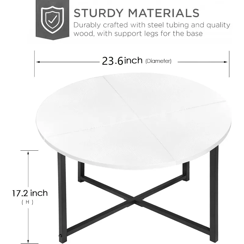 Mesa de centro circular para sala de estar, mesa de centro redonda para espacios pequeños, 24 pulgadas, con acento de madera