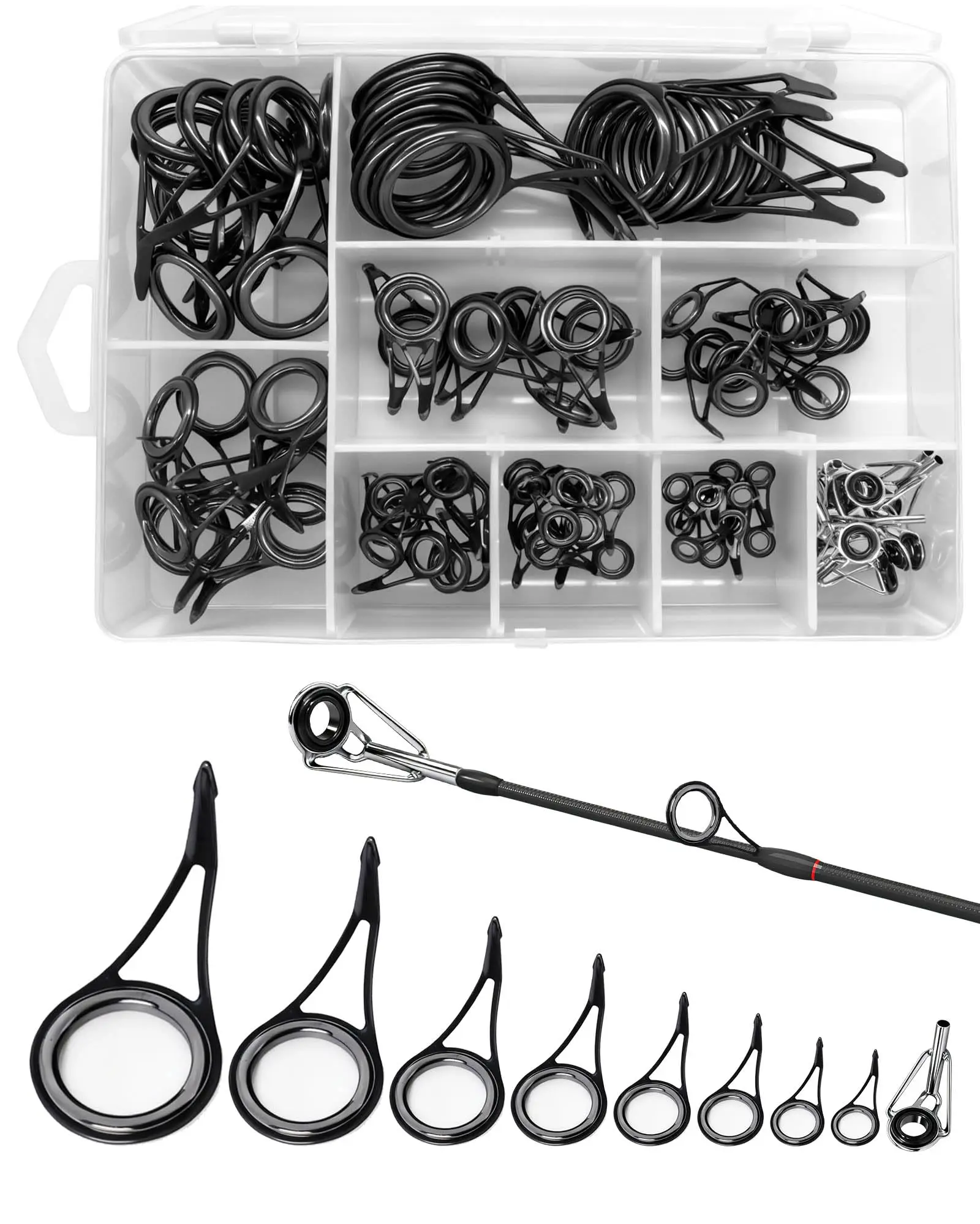 Fishing Rod Tip and Guides Repair Kit, Black Stainless Steel, Wear-Resistant Ceramic Ring for Saltwater & Freshwater, 60/90 Pcs.
