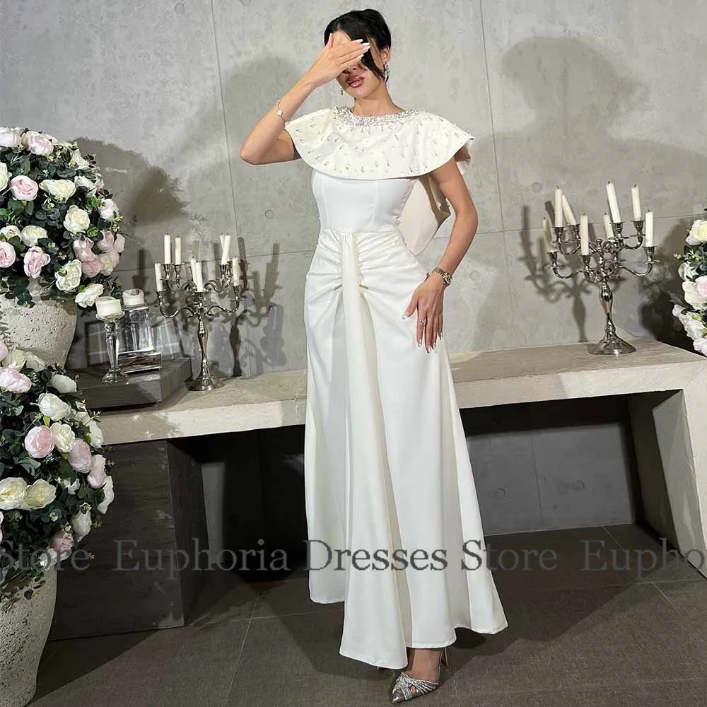 高級カクテルドレス 2025 サテン Aライン 誕生日パーティードレス アイボリー Oネック ビーズ プリーツ ラッフル プロムドレス ミディ