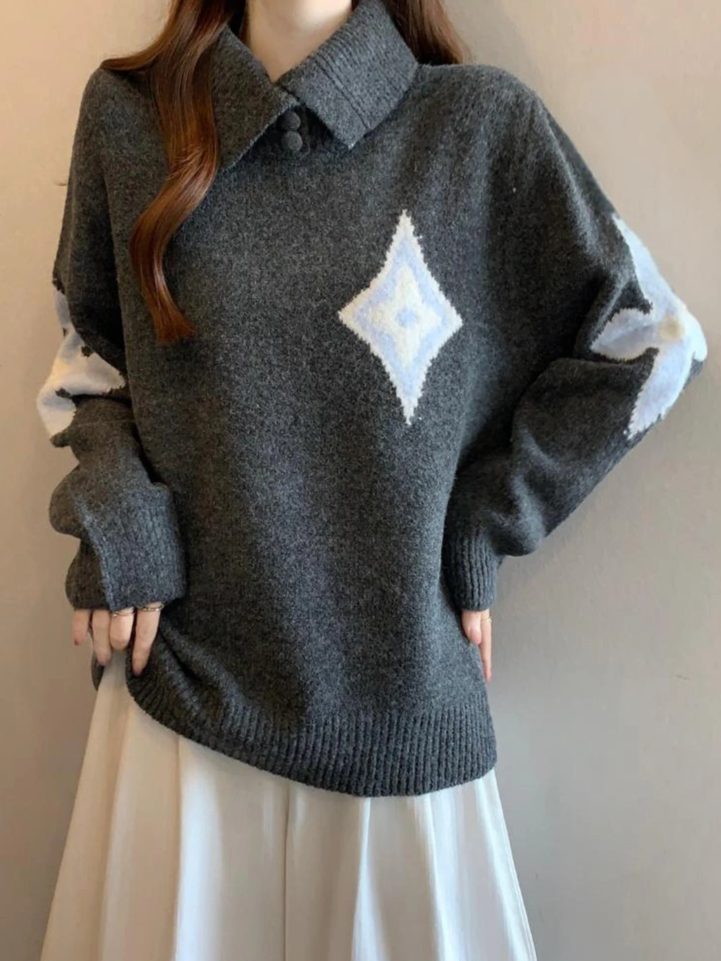 

Loose ey Collar Knitted Sweater Women's Autumn Winter plus Size Conceal Slimming Inner Wear Casual Comfortable Sle