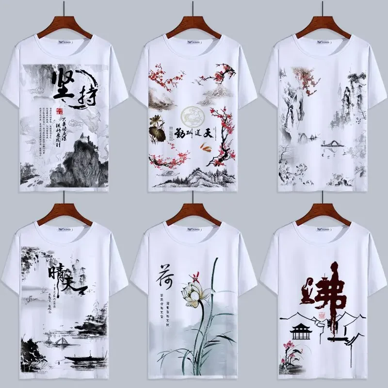 Camiseta de manga corta con estampado 3D de paisaje para hombre, camiseta de estilo chino, pintura de lavado de tinta Harajuku, camisetas de verano con dragón nacional para mujer