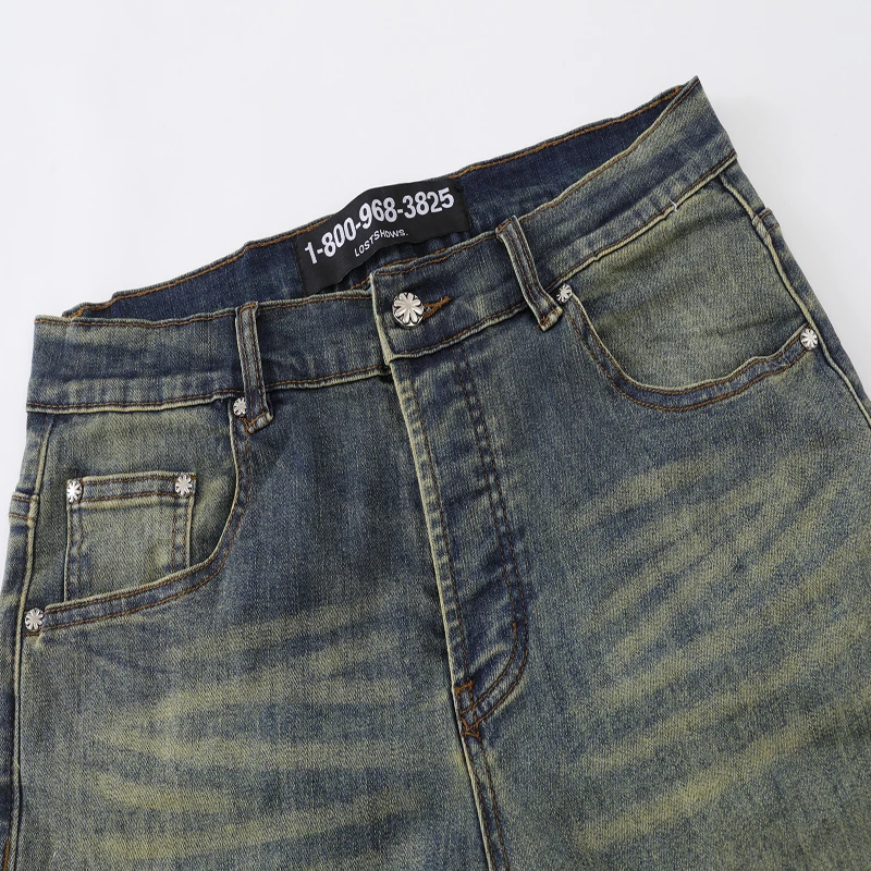 Mini Bell-bottoms LOST SHDWS Jeans Men Women High Quality Embroidery Floral  American Casual Denim Pants Trousers Leather Tag