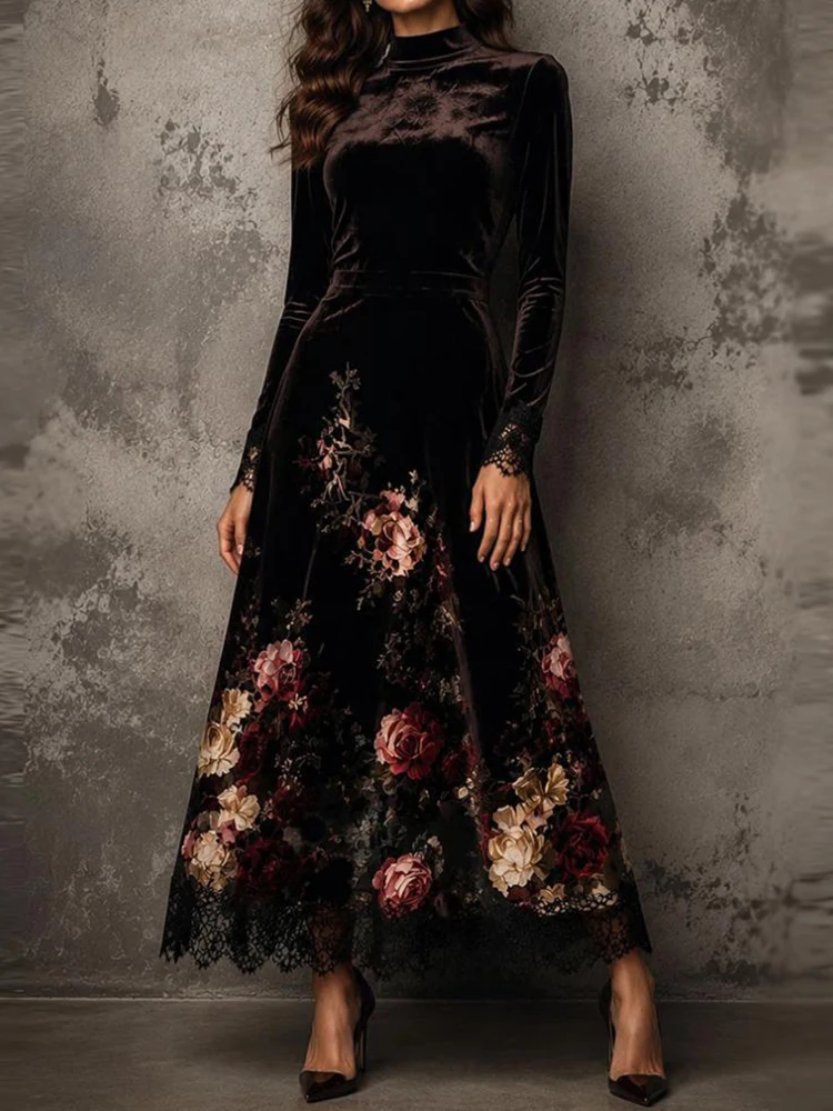 Half High Collar Holiday Casual Maxi Dress Women Elegant Party Dress Retro Lace Patchwork Printing Ladies A Line Dress Vestidos