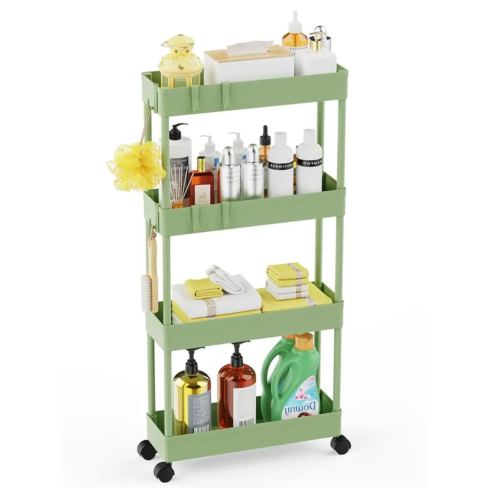 

5.1"" Slim Storage Cart - 4 Tiers Bathroom Organizer Mobile Shelving Unit Storage Rolling Utility Cart Slide Out Organizer For