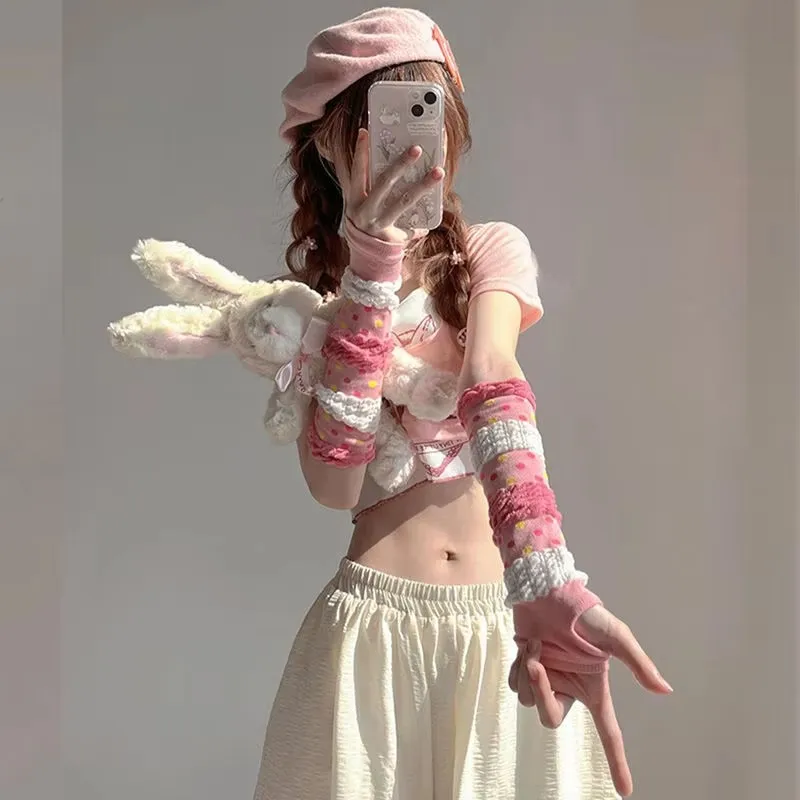 Soft Girl Style Lolita Gloves Pink Cute Leaky Finger Sun Protection Arm Cover Y2K Pink Cosplay Sleeve