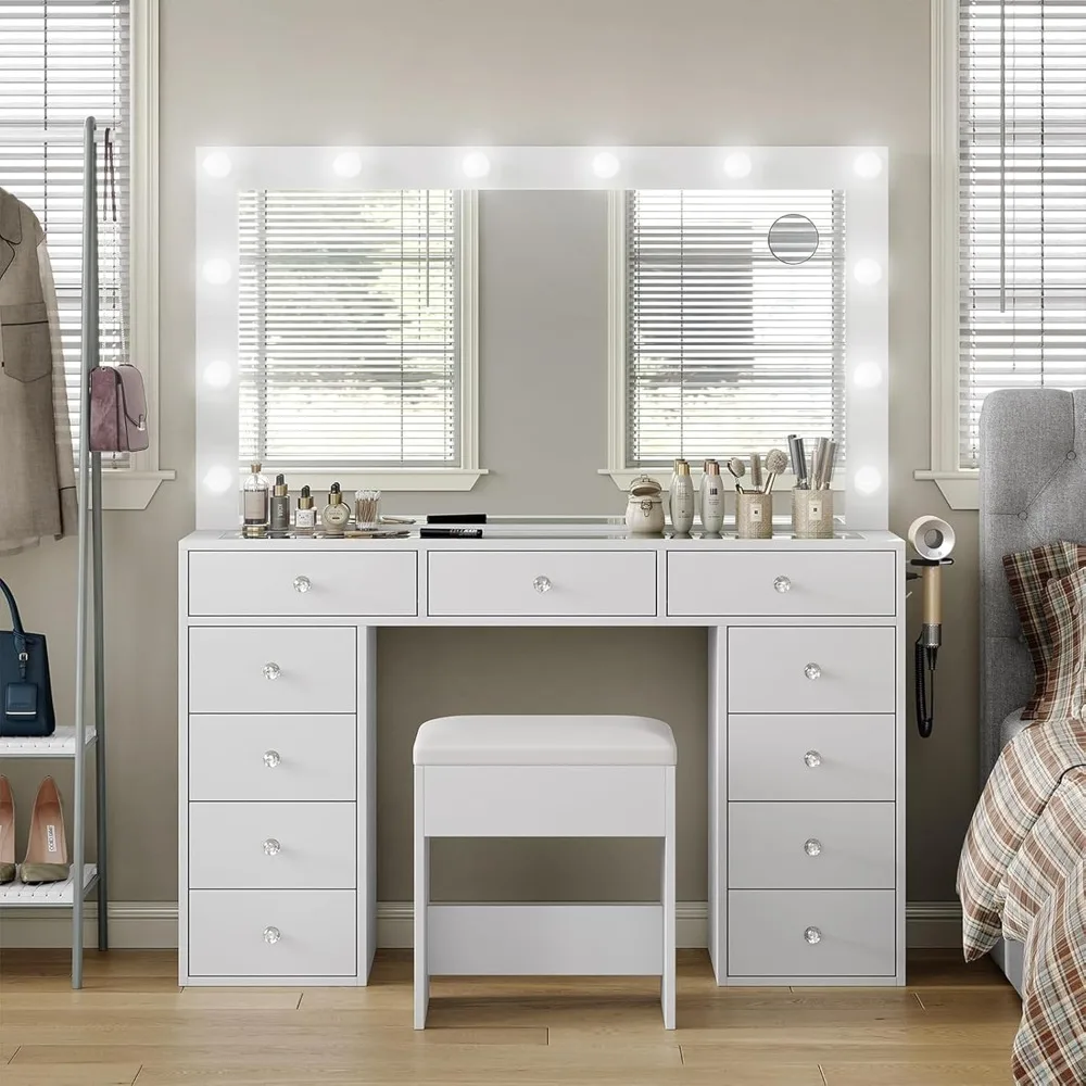 

White Vanity Desk with Illuminated Mirror & Power Outlet, 11 Drawers Vanity Table with Chair, Makeup Vanity with 12 LED Lights