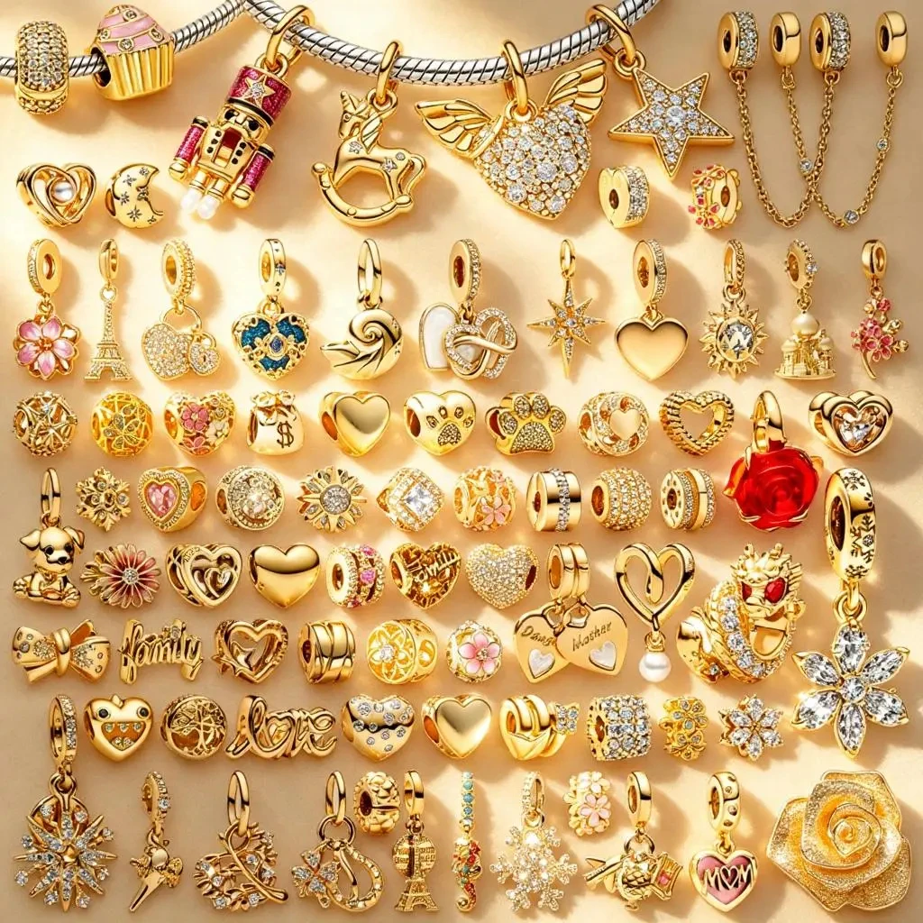 Neue Funkelnde Goldene Original-Charms DIY Feiner Schmuck Geschenk Schneeflocke Polarstern Herzen Clip-Perlen Passend für 925 Silber Schlangenarmbänder