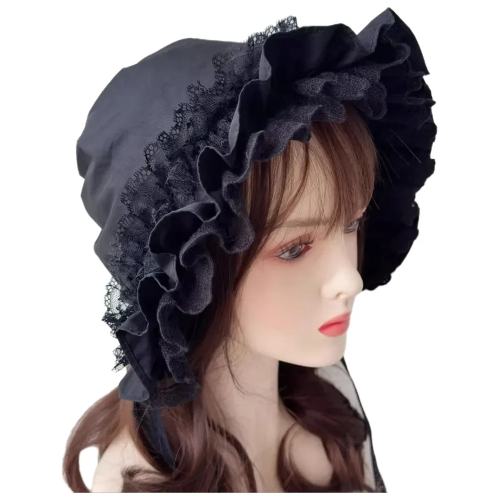

French Sweet Vintage Minimalist BB Bonnet Lace Trim Night Cap Dark Gothic Doll-style Accessory for Women