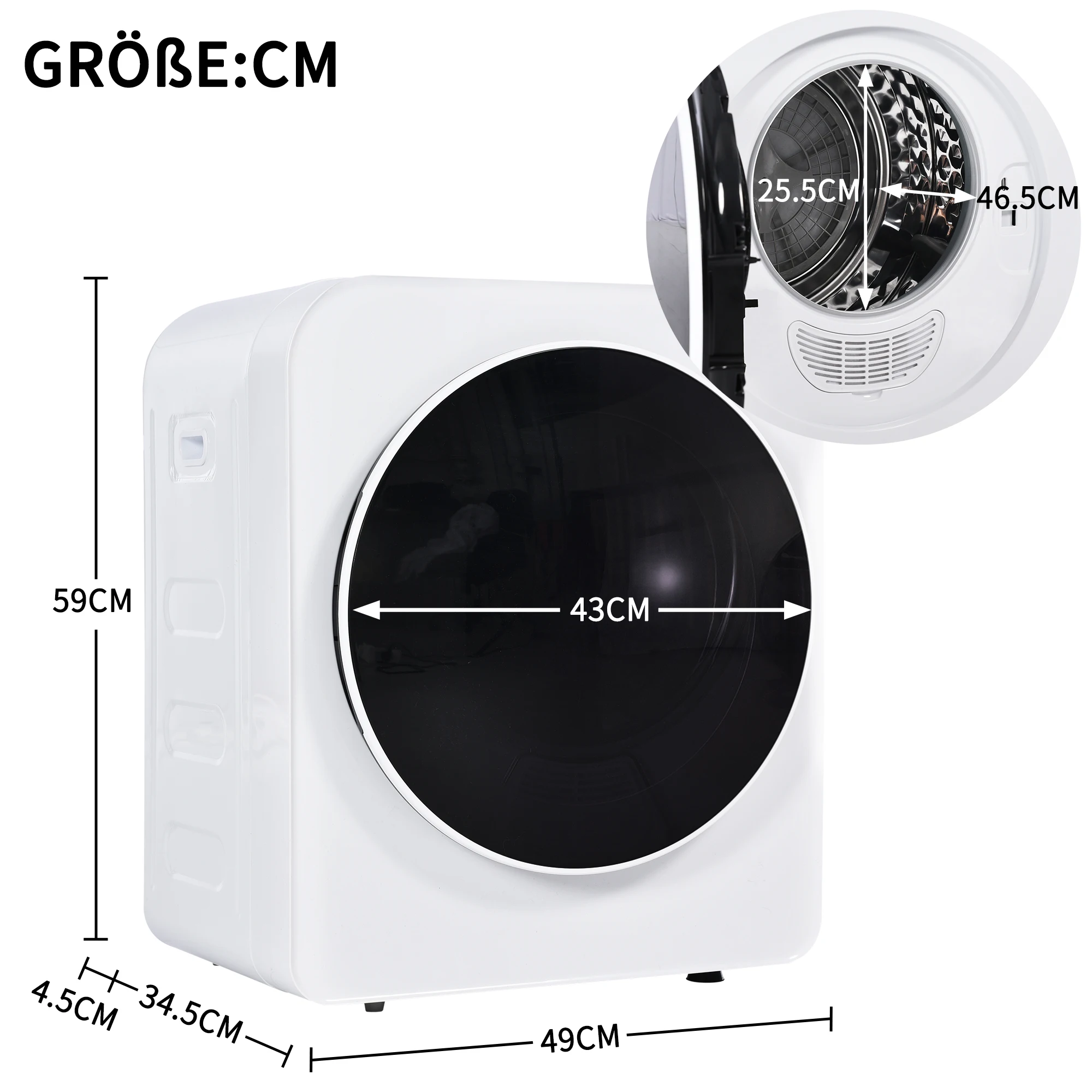 VSOGA Exhaust Air Dryer Tumble Dryer / Stainless Steel Dryer / 3kg / 830W / White / Triple Filter / 5 Program / White / Overheating Pr