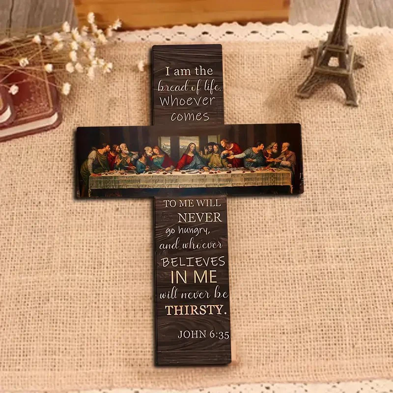 Bread Of Life Last Supper Scene Wooden Sign Cross Wall Art Plaque Home Decoration Pendant Wall Card  Scripture Wall Hanging