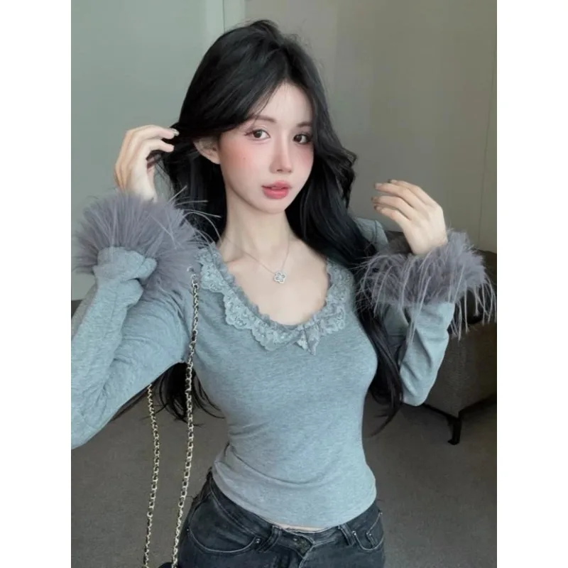 French Lace Splicing Furry Sleeves V-neck Slim Fit and Versatile Slimming Bottoming Shirt for Women