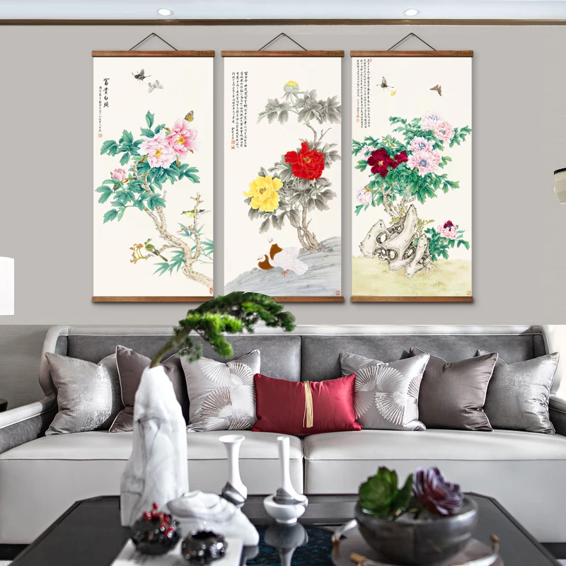 

MT0334 Chinese Style butterfly peony landscape Decorative Wall Art Posters Solid Wood Scroll Paintings