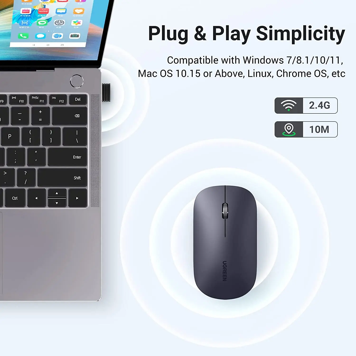UGREEN 무선 마우스 2.4G 무소음 컴퓨터 마우스 (USB 수신기 포함), 초슬림 광학 무선 마우스
