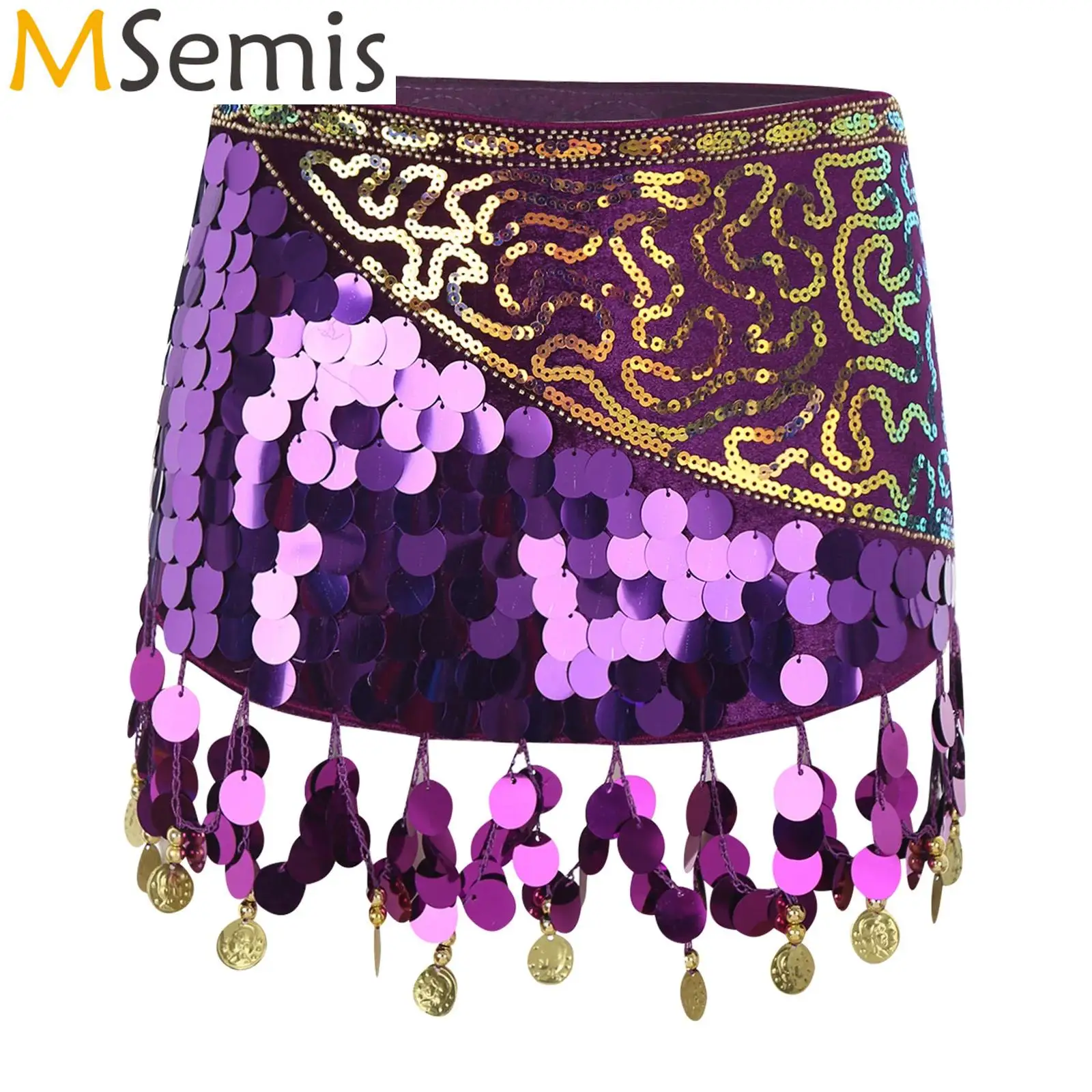 

Womens Round Sequin Crisp Fringe Lace-Up Hip Skirt Belly Dance Triangle Hip Scarf Shiny Dancewear Cha-Cha Samba Dance Costumes