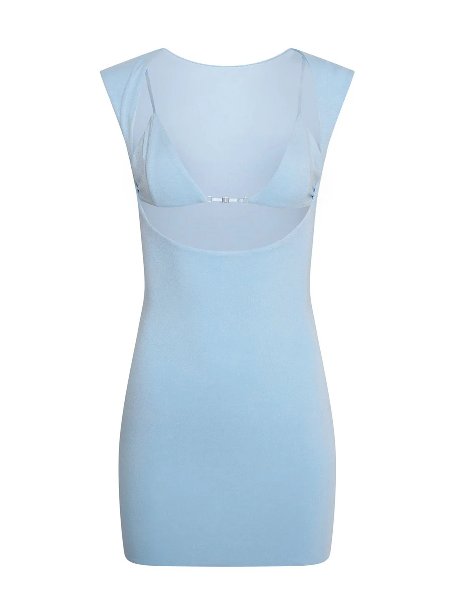 Frauen Bodycon Mini Kleid, Kurzarm Open Back Einfarbig Patchwork Club Kleid