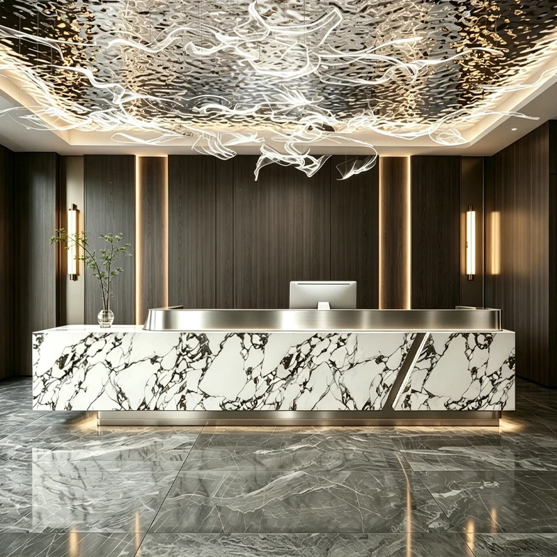 %#Z Luxury High Gloss MDF Piano Paint Spa Reception Desk Modern Front Counter Marble Texture Custom Size Hotel Salon
