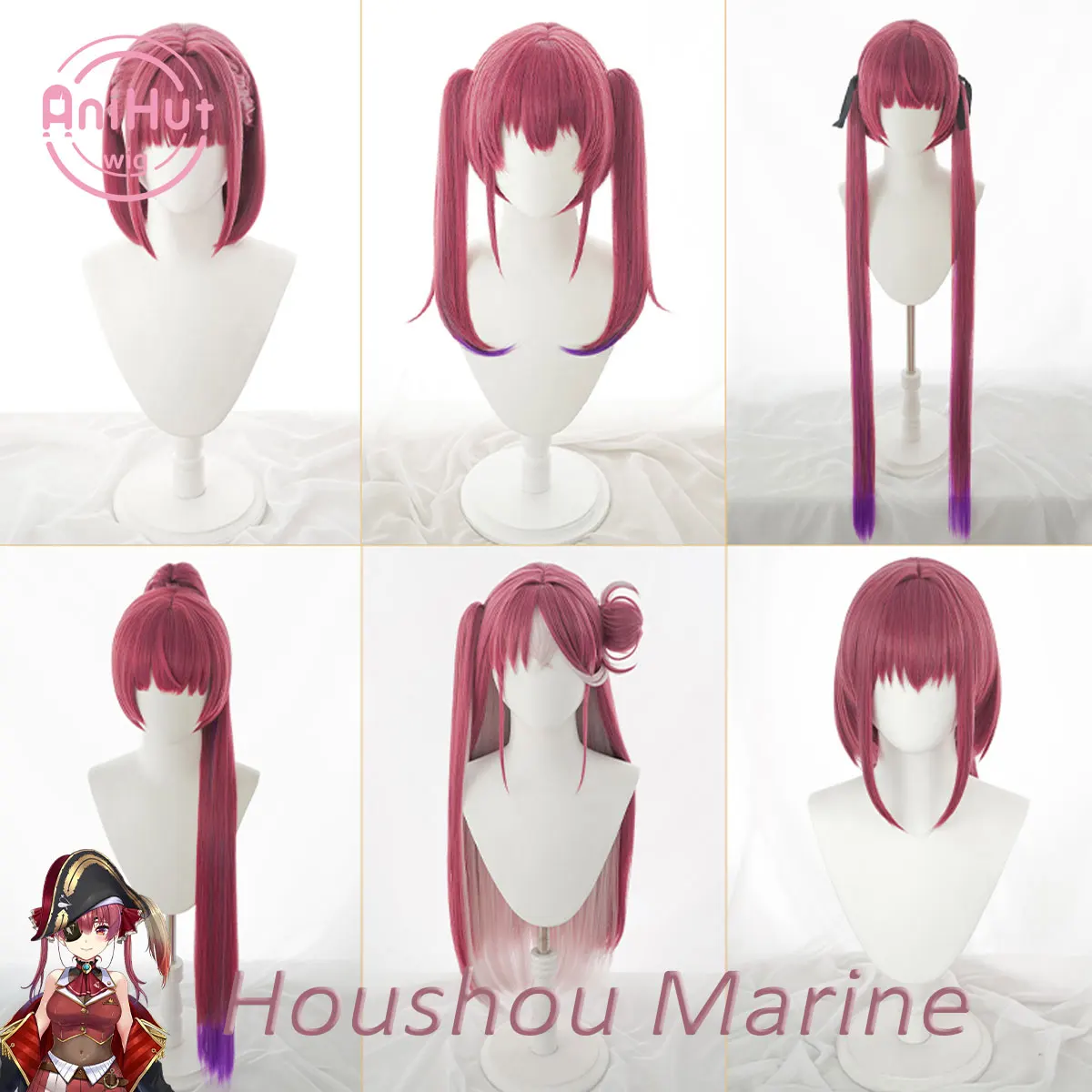 Youtuber Hololive Houshou Marine VTuber Red Cosplay pelucas, seis VER. Houshou-pelo sintético para Cosplay, resistente al calor, marino