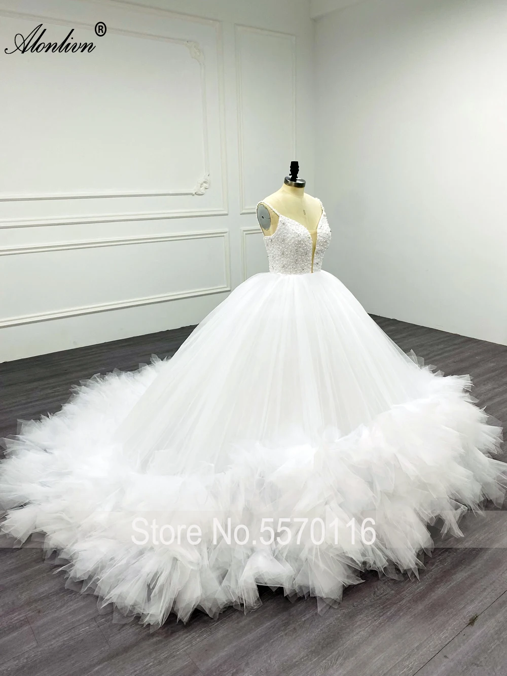 Alonlivn Silky Tiered Train Spaghetti Straps Ball Gown Wedding Dresses With Beading Pearls of Top Deep V-Neck Lace Up For Brides