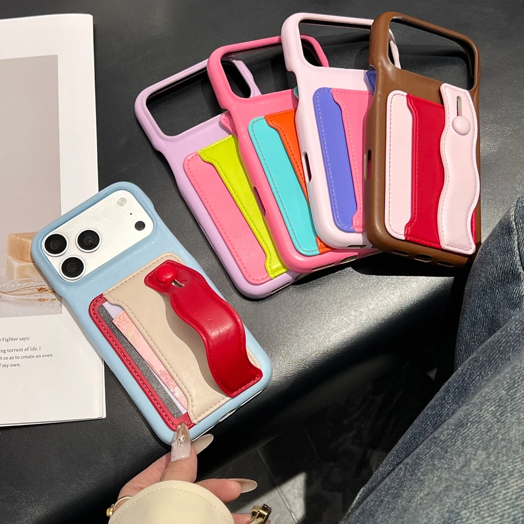 

Fashion Creative Wavy Color Block With Card Slot Wristband Shock Proof Phone Cover Case for iPhone 17 16 15 14 13 Pro Max Plus