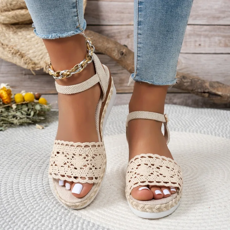 Women Lace Wedge Sandals Espadrille Platform Peep Toe Ankle Strap Summer Casual Shoes Comfortable Outdoor Beach Walking Dressy view 4