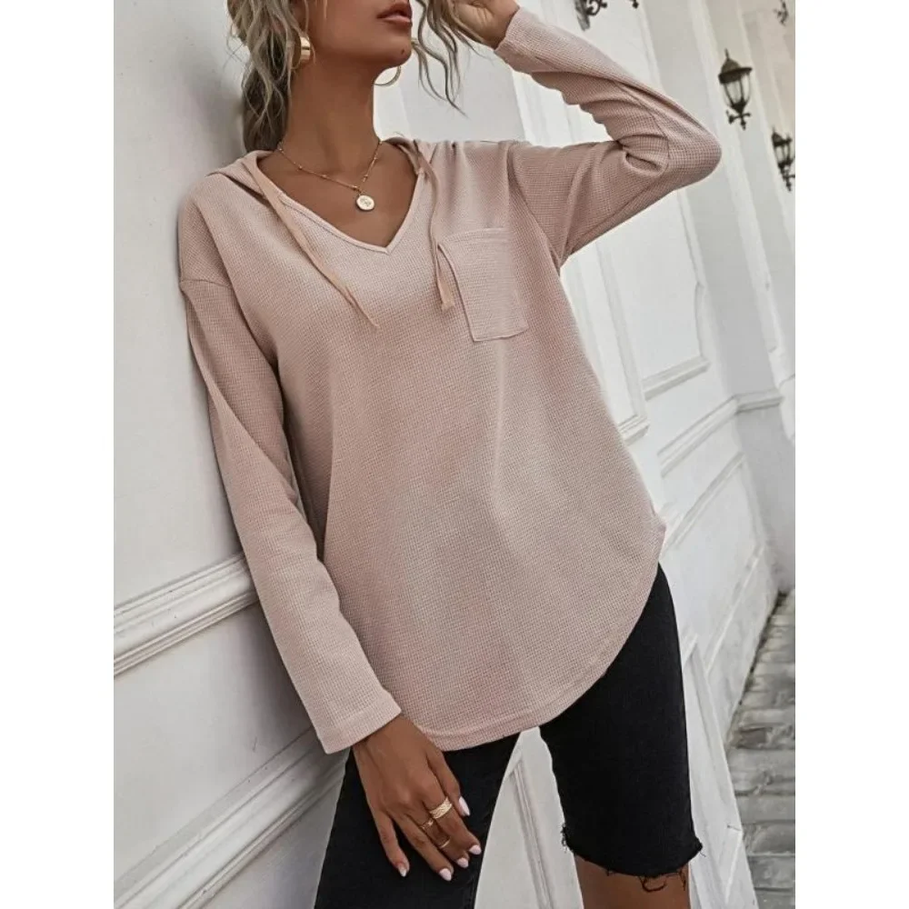 

Plus Size 1XL-5XL Women's Long-Sleeved V-neck Pullover Hoodie Drawstring Top