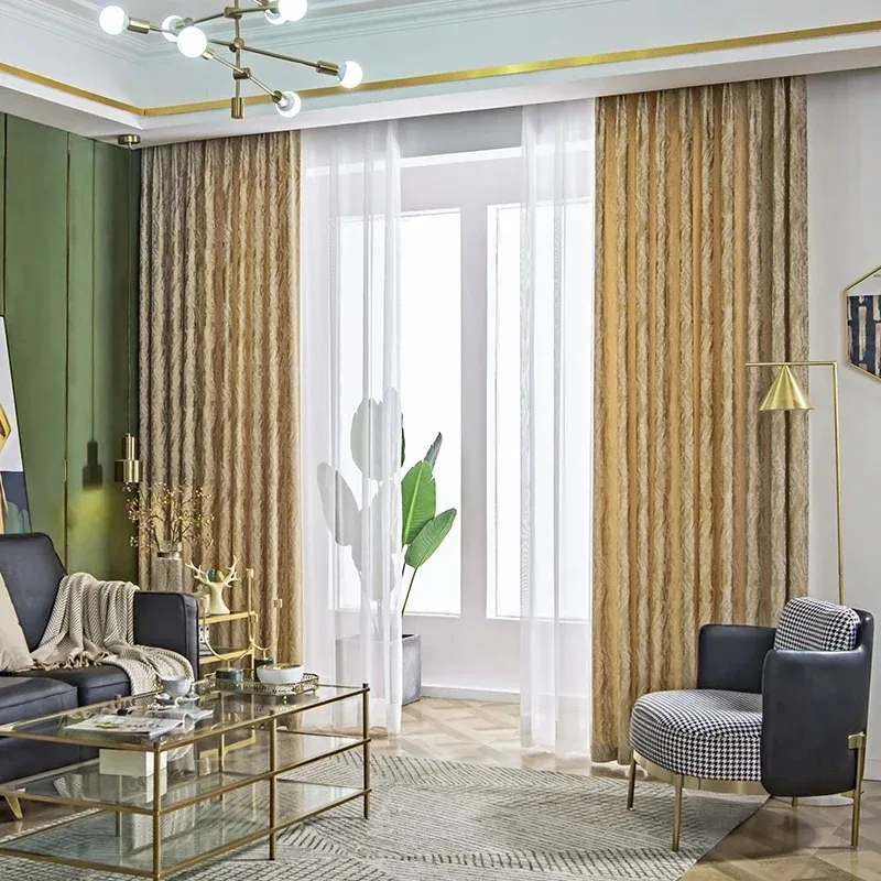 

Custom Light Luxury Modern Yarn Dyed Jacquard Curtains for Living Room Bedroom Bay Window Full Blackout Designer White Tulle