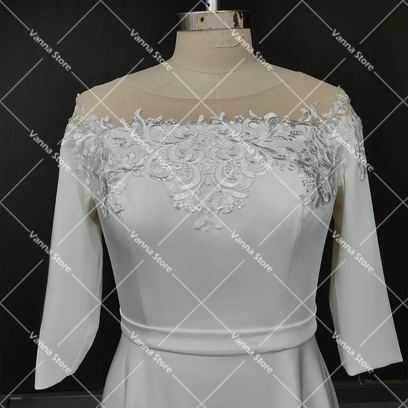 Prawdziwe zdjęcia Illusion Off The Shoulder Princess Satin suknia ślubna Custom Made dopasowane 3/4 rękawy aplikacje pas suknie ślubne