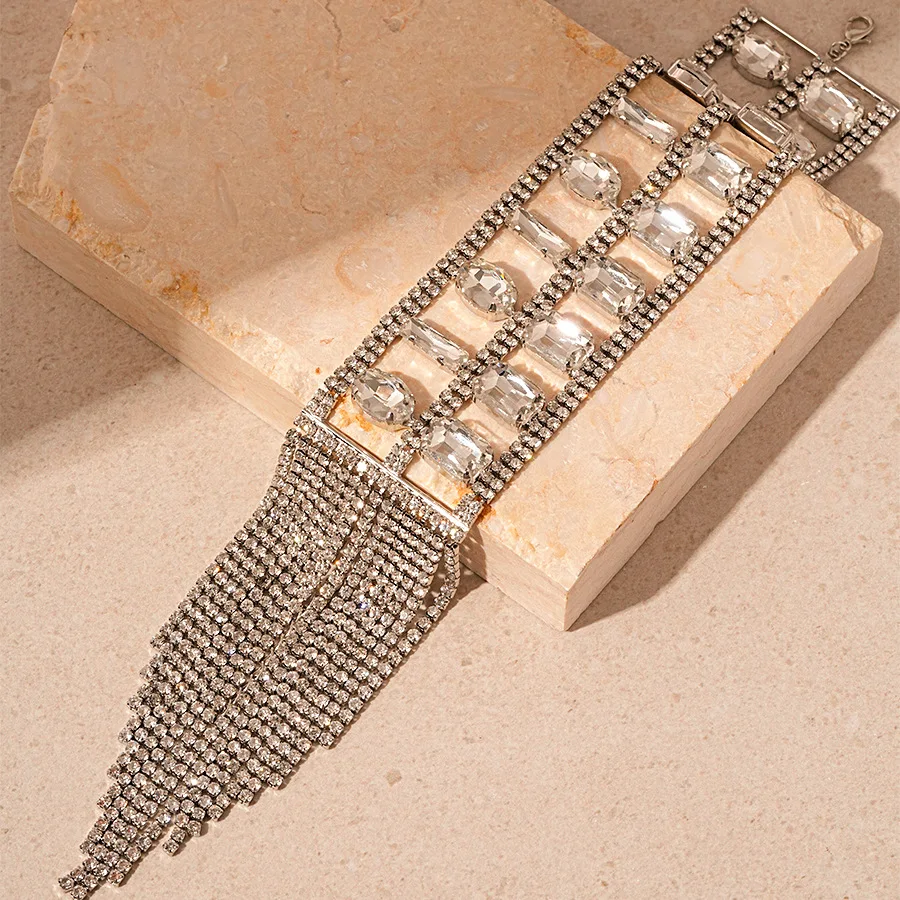 Sparkling Rhinestone Tassel Bracelet Women's Fashion Big Square Cyrstal Bracelets Bangles Banquet Party Wedding Hand Jewelry