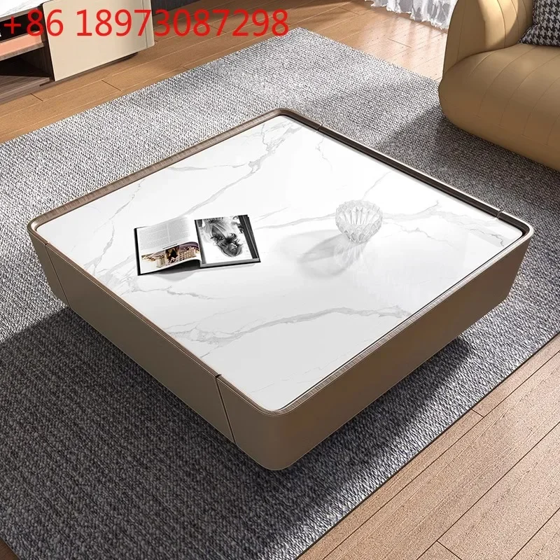 

Квадратный журнальный столик из каменной плиты для гостиной, высококачественный, из итальянской кожи, в минималистичном стиле, премиум-класса.