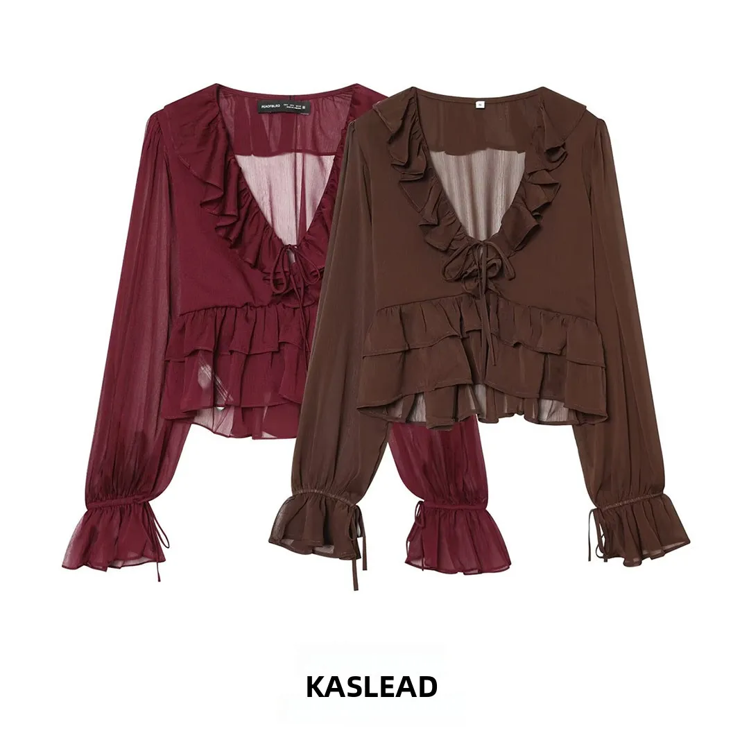 KASLEAD New Women's Fashion Simple Matching Micro Transparent Lace Trim V-neck Top Polyester Fiber Long Sleeve Short Length