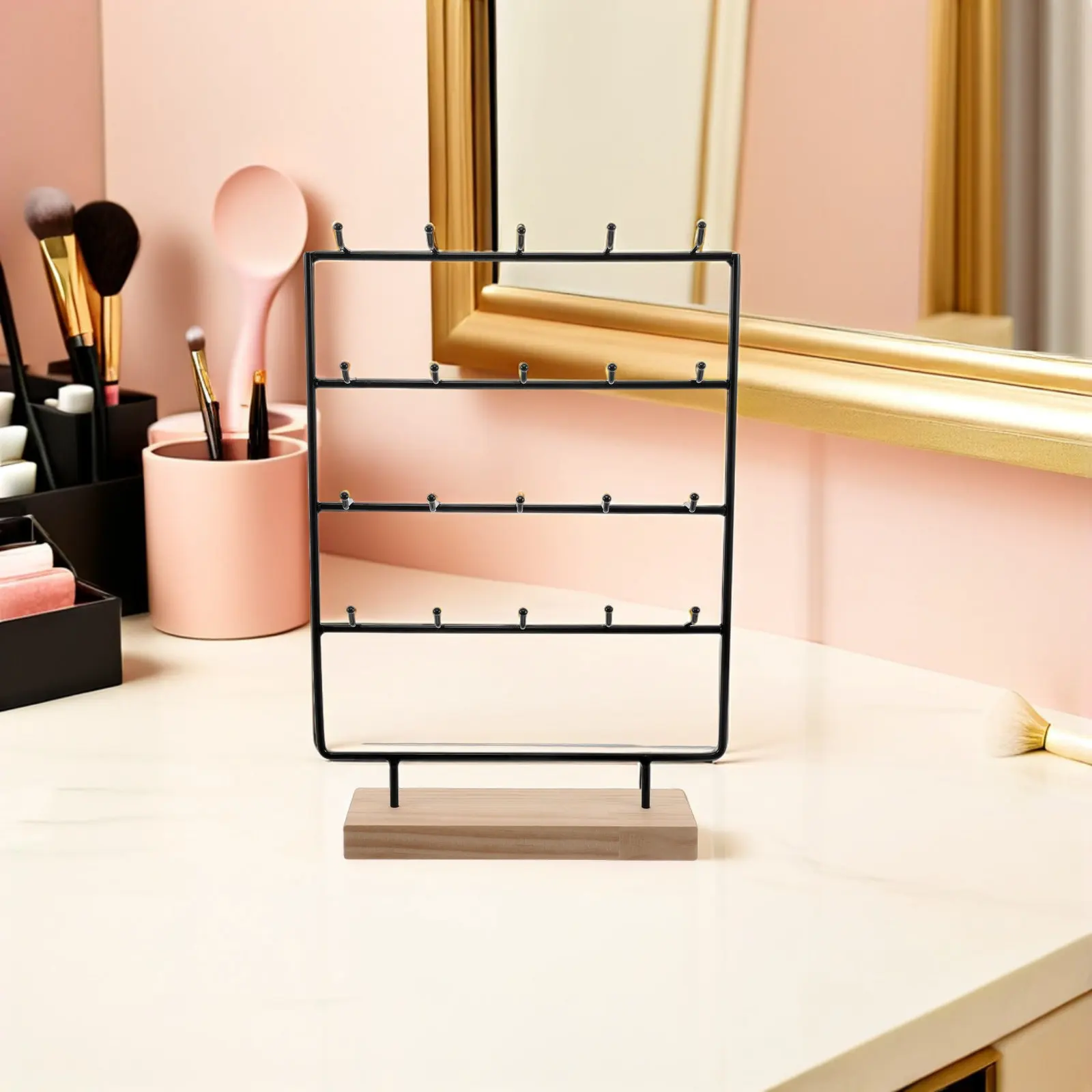 

Wood Earring Organizer Stand with Hooks: Industrial Jewelry Holder for Earrings Bracelets Necklaces Card Display Rustic Jewelry