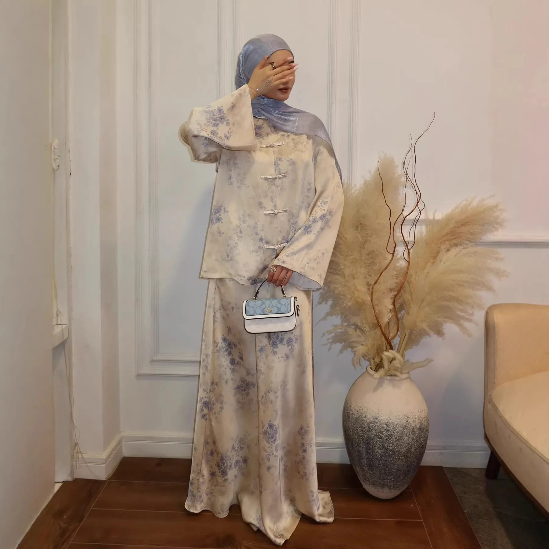 Muslimische Röcke Anzug Damen Mantel Langer Rock 2-teiliges Set Blumenmuster Ensemble Einreihige Jacke Eid Ramadan Dubai Outfits
