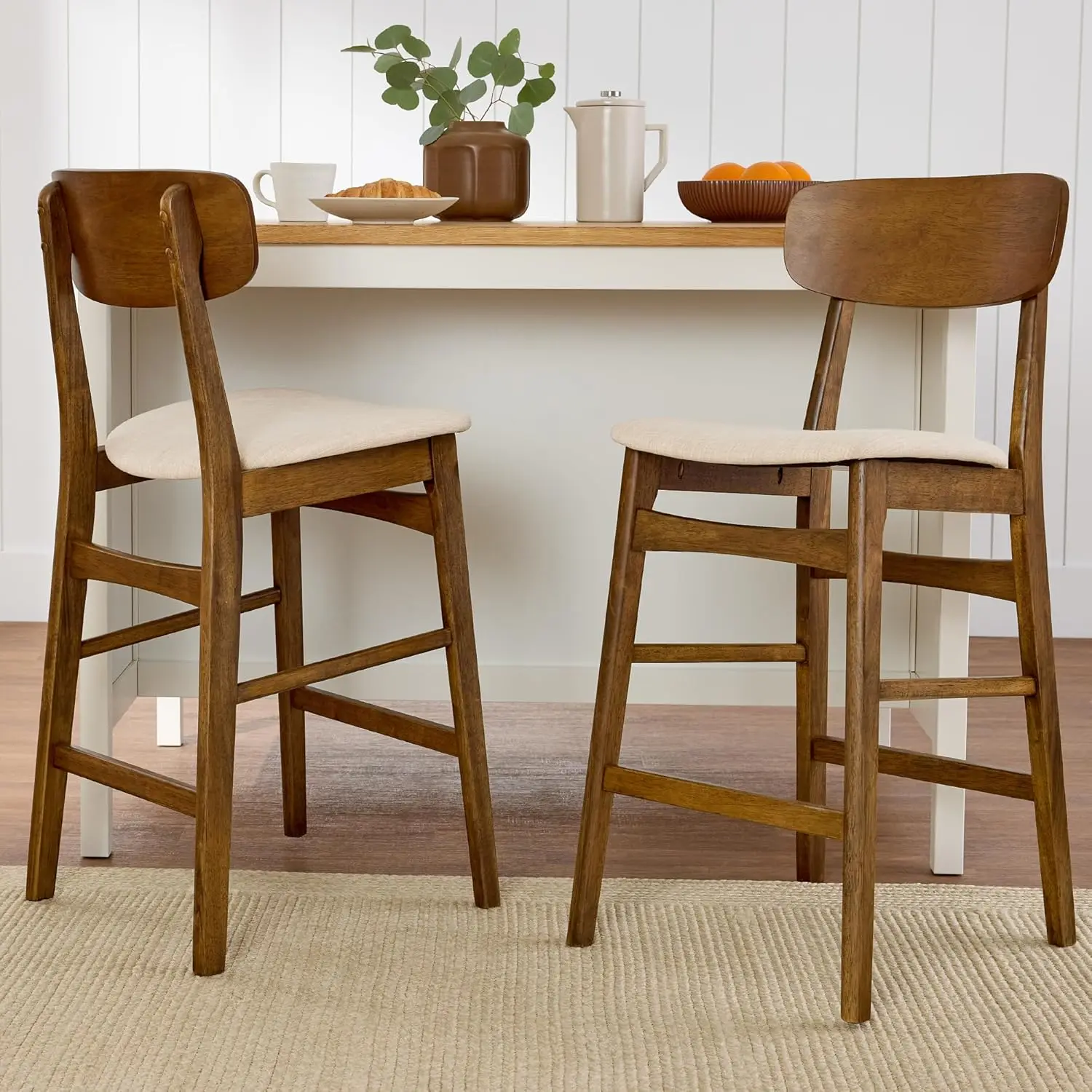 Bar Stool Set of 2, Farmhouse Counter Height w/Armless Upholstered Cushioned Seat, Wooden Curved Backrest - Walnut/Cream