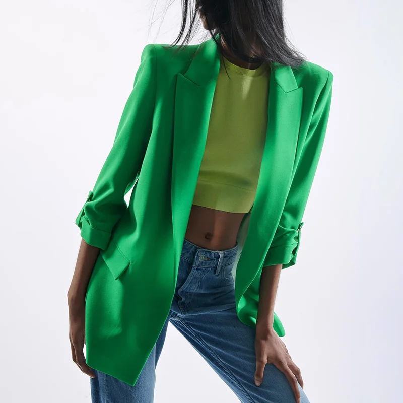 Fashion Casual Loose Notched Blazers Women Elegant Green Rollable Sleeve Jackets  Spring Pockets Straight Suits Ladies