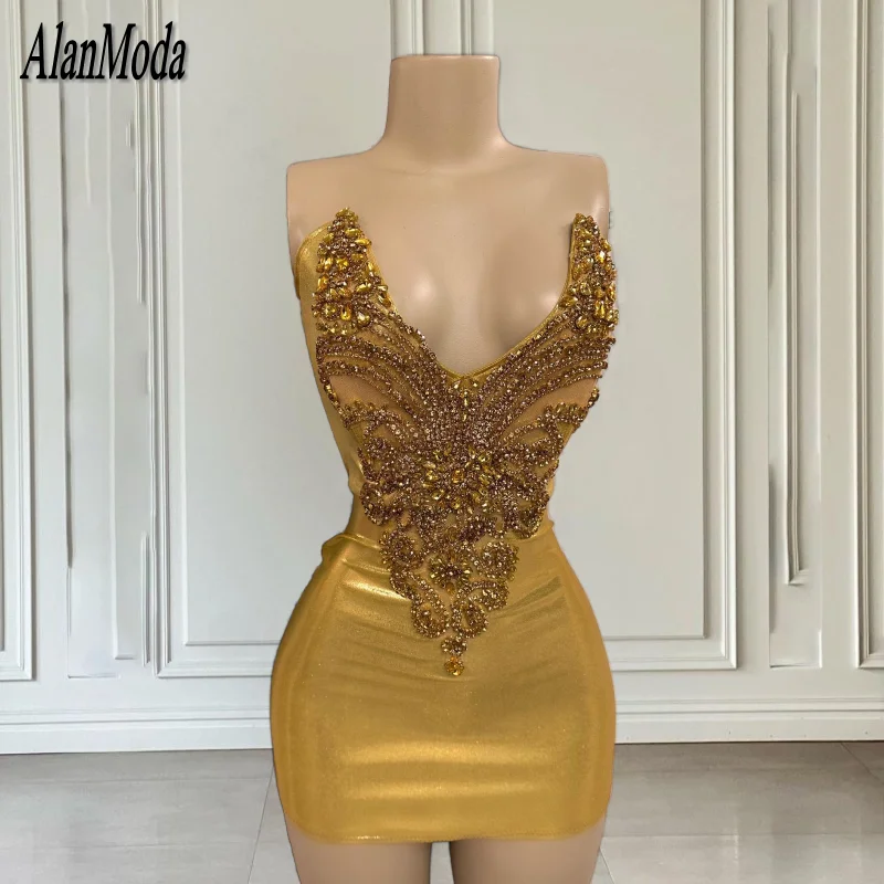 

New Gold Birthday Dresses 2024 Sweetheart Rhinestone Short Prom Gowns Elegant Mini Cocktail Party Dress For Women