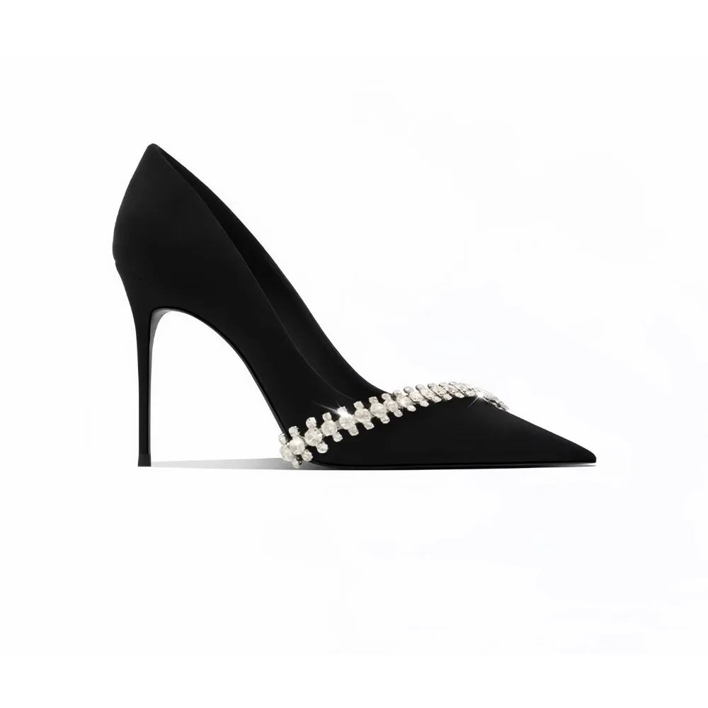 

French Black Pointed Toe Rhinestone High Heels Women 2025 New Elegant Comfortable Stunning Pumps