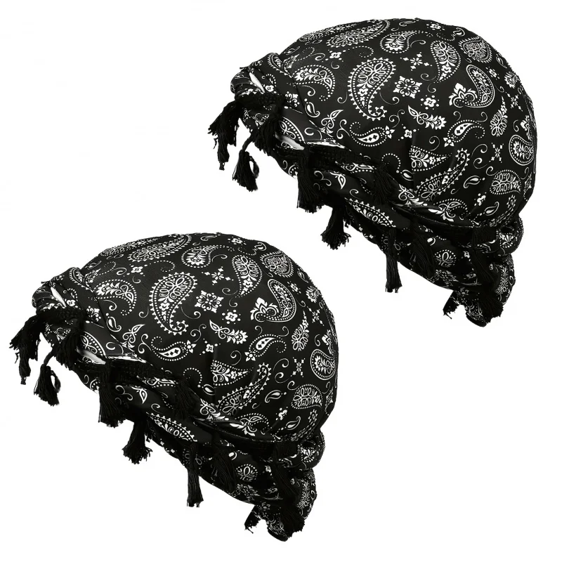 2pcs Paisley Print Pirate Hat Set Hip Hop Twist Tail Durag Hat Men Women Fringe Tassel Double Layer Street Fashion Beanie