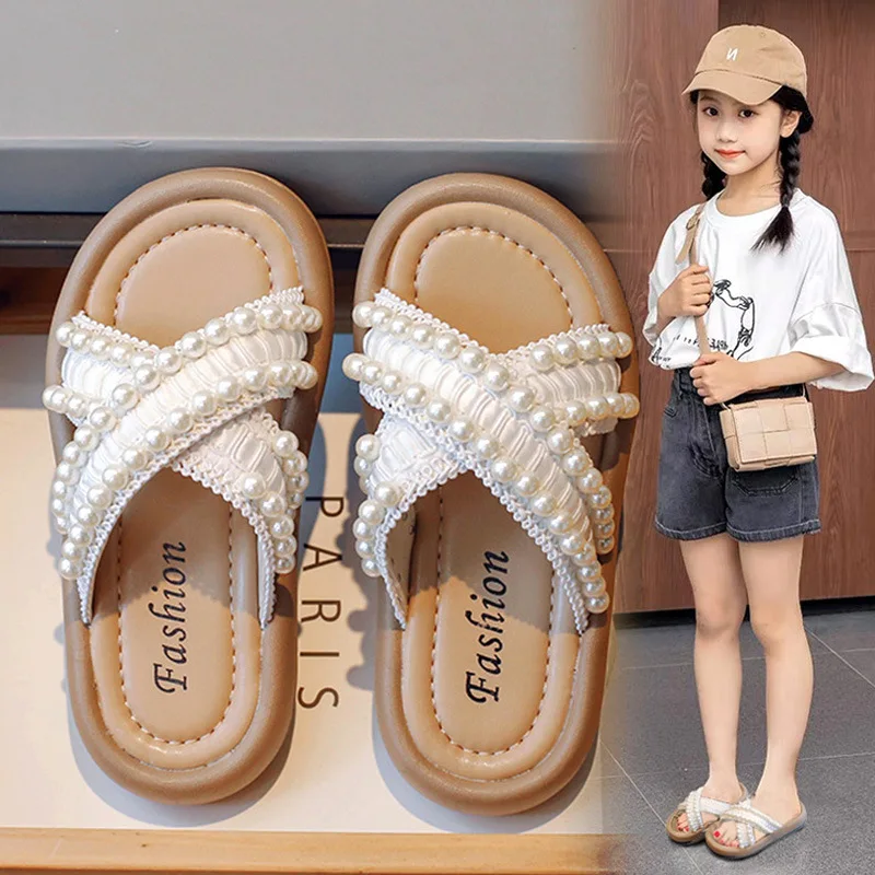 

Summer New Kids Home Shoes Anti Slip Soft Sole Girls Slipper Cute Pearl Decoration Princess Slippers Children Beach Shoes