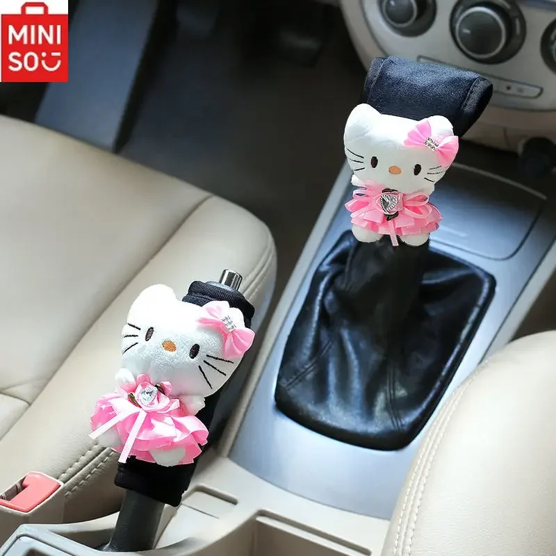 

MINISO Hello Kitty Car Gear Handbrake Cover Plush Cute Bow Tutu Cartoon Gear Lever Cover Car Interior Decoration Ornaments Gift