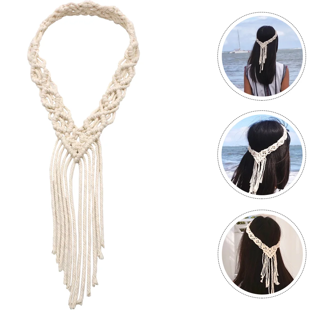 Cotton Rope Headband Women Headdress Beige Woven Hairband Macrame Braided Tassel Girl Headbands Bohemian Chic Natural
