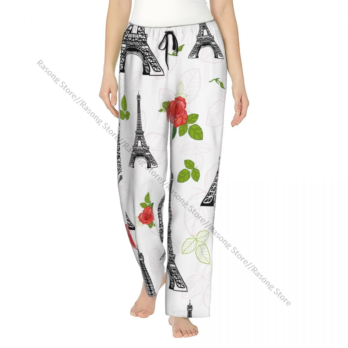 

Warm Women Pajama Pants Black Eifel Tower Paris And Red Roses Flowers Flannel Sleep Bottoms Soft Fleece Loungewear