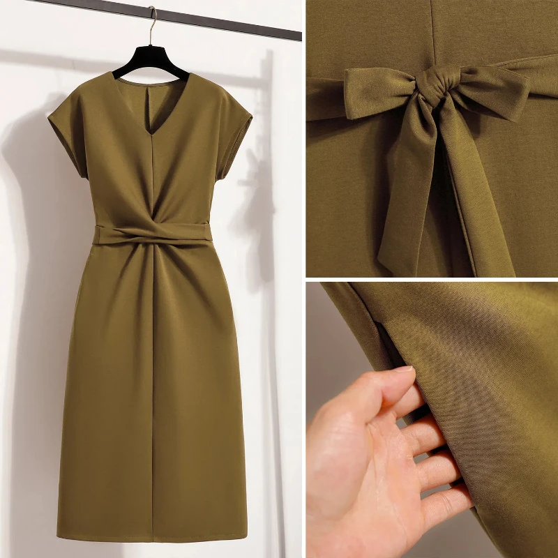 حجم كبير الملابس النسائية ل 2025 الصيف فساتين حريمي فضفاضة الخامس الرقبة Vestidos مكتب سيدة العمل رداء الإناث عادية KE7567