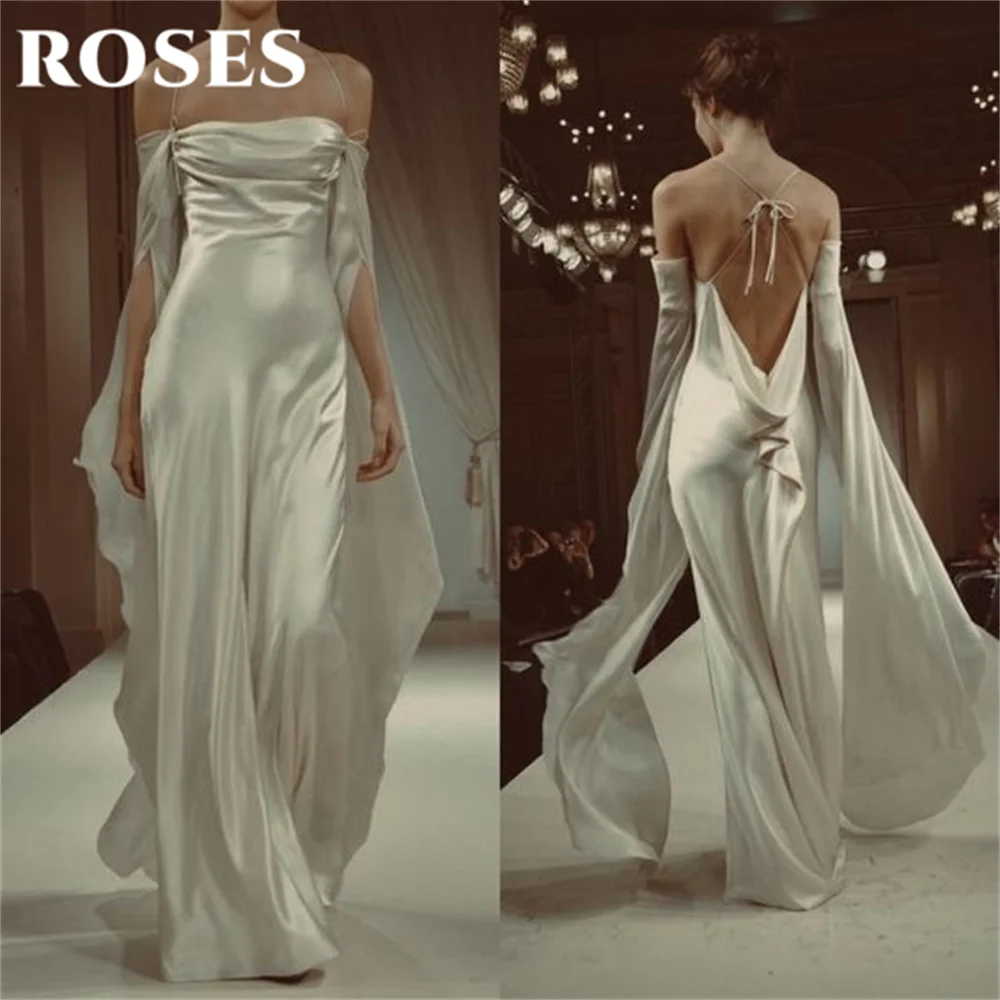 Vestido de fiesta elegante blanco brillante ROSES, vestido de noche Formal sin espalda con hombros descubiertos, vestido de fiesta de boda de satén para mujer personalizado